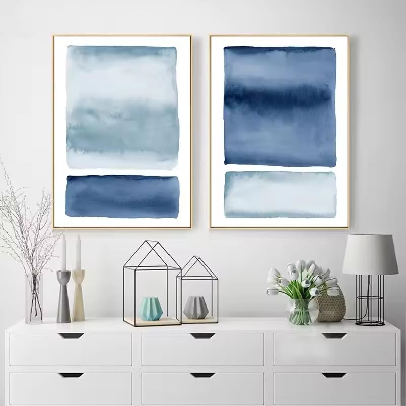 DIHANSM Abstraktes Aquarellgemälde in Blau, Indigo-Wandbilder, Küsten-Leinwandkunst (30 x 40 cm x 2 Stück/Galerie-Rahmen)