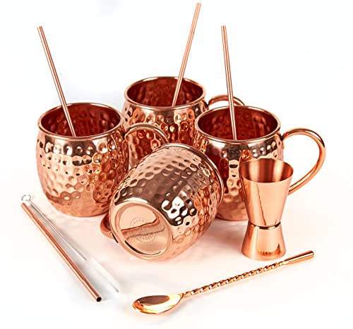 Alarue Moscow Mule Copper Mugs Set - 4 Authentic Handcrafted Mugs (16 Oz.) With 4 Copper Straws, Copper Stirrer And Copper Jigger - Food Safe Pure Solid Copper - Gift Set With Recipe Book Included #TOP4