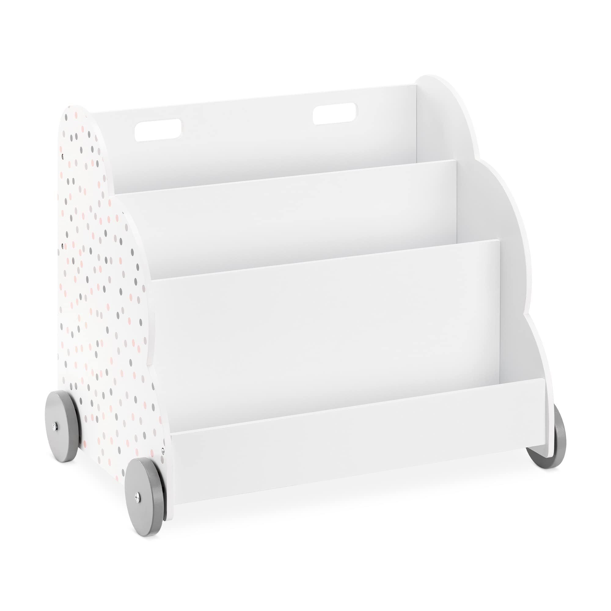 Navaris Librería Infantil de Madera - Biblioteca Montessori para niños con 3 Compartimentos para Libros y Juguetes - Estantería con Ruedas - Blanco con Puntos