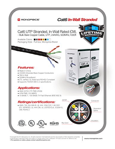 Monoprice Cat6 Ethernet Bulk Cable - 1000 Feet - Blue | Network Internet Cord - Stranded, 550Mhz, Utp, Pure Bare Copper Wire, 24Awg #TOP2