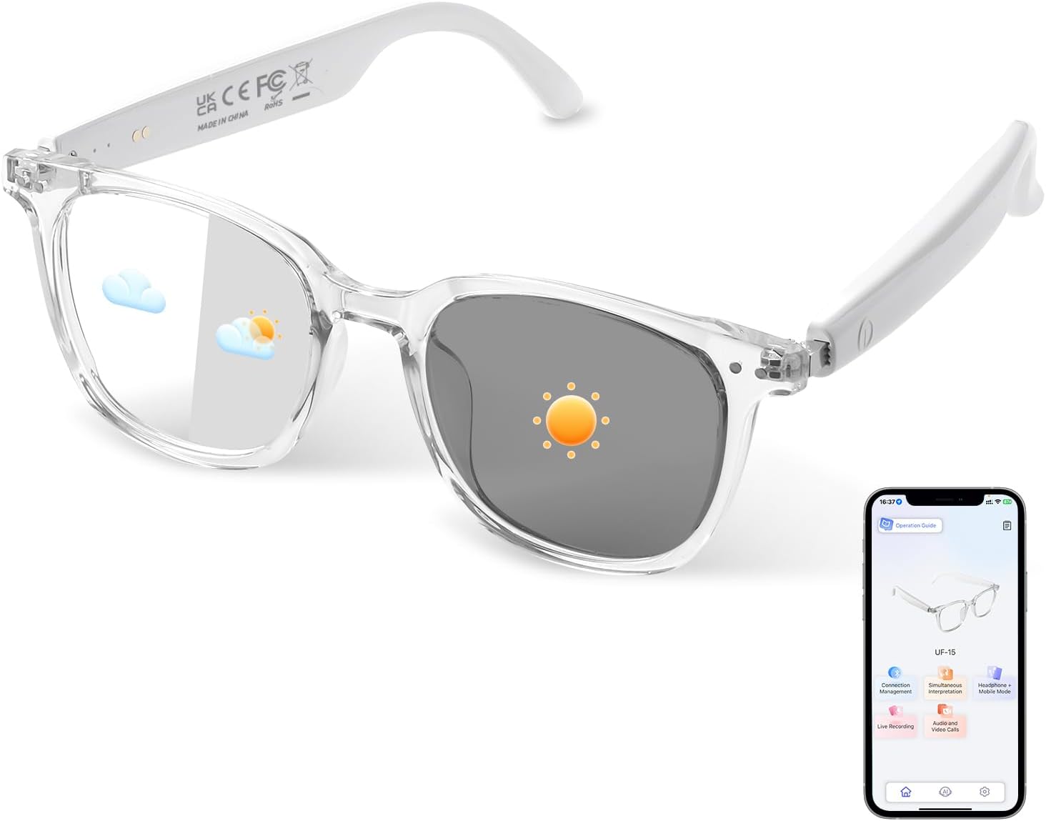 AI Smart Glasses for Men & Women, AI-Powered By Translation, Noise Reduction, Open Ear Audio Mic & Speakers, Translation Glasses with Color-Change Lenses, Support 169 Languages, Business/Travel(White)