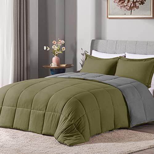 LOVTEX 3PCS Queen Comforter Set - Ultra Soft Washed Microfiber Comforter Sets for Queen Bed - Reversible Down Alternative Comforter with 2 Pillow Shams(Olive/Charcoal)