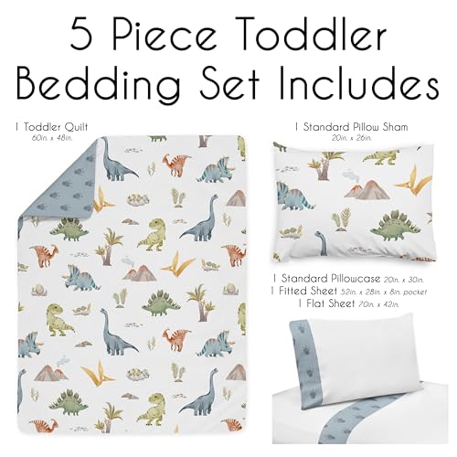 Image of Sweet Jojo Designs Watercolor Dinosaur Dino Boy Toddler Bedding Set Kids 5p Bed in a Bag Comforter Blanket Pillowcase Sham Sheets Green Slate Blue White Modern Jurassic Nature Animal Tracks Footprint