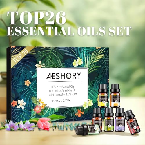 Aeshory Ätherische Öle Set, 26 x 5ml Aroma Diffuser Öl Naturrein Essential Oils Geschenkset Aromatherapie Duftöle für Diffuser, Luftbefeuchter, Massage, Entspannung, Seife, SPA, Kerzen