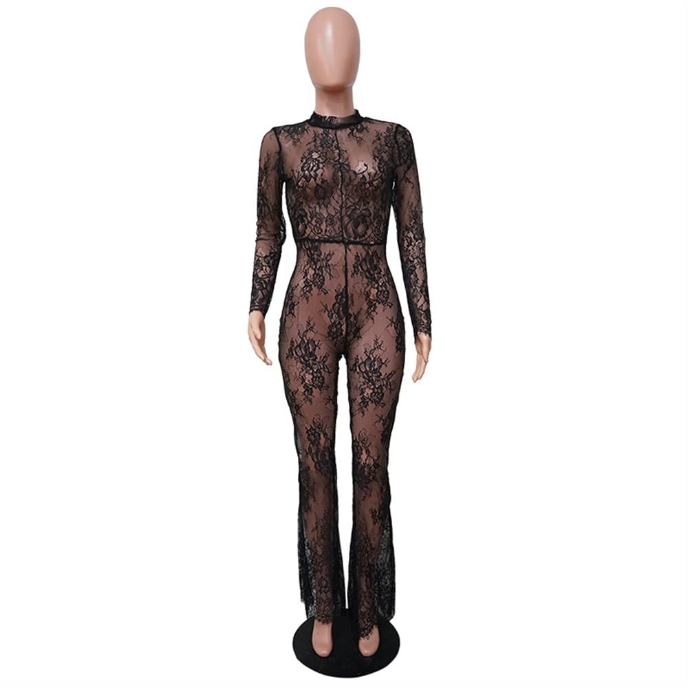 Combinaison Transparente En Dentelle Sexy Pour Femmes Jumpsuit À Manches Longues Party Nightclub Pantalon Long Combishort En Maille Moulante Transparente