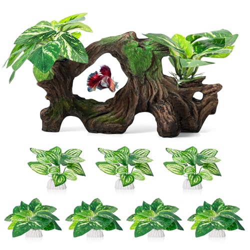 Xereooe 8 Pcs Driftwood Cave Aquarium Decor Decor Silk Aquarium Plants Leaves are Soft and Safe for Aquarium Decoration and Fish Tank Decoration