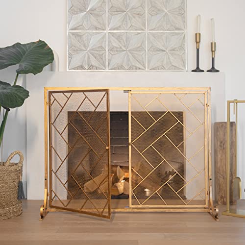 Barton 45\" x 33\" Fireplace Screen Wrought Iron Mesh 2 Panel Fire Door Cover Spark Guard, Distressed Finish - Gold