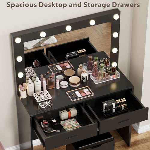 Image of Furmax Vanity Desk Set with Large Lighted Mirror, 35.4 Inch Makeup Vanity Table with 2 Drawers, Cushioned Storage Stool, 3 Lighting Modes Brightness Adjustable, Dressing Table for Bedroom (Black)