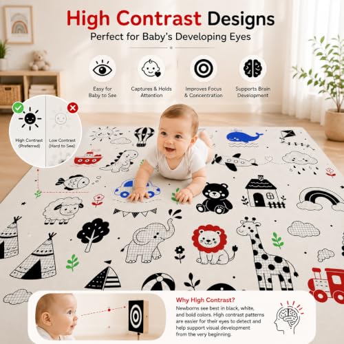 Image of TARKAN High Contrast Baby Play Mat for Visual Stimulation, Extra Thick 8mm, for Hard Floors, BIS Certified, Double Sided, Foldable Foam Crawling Mat (6.5 x 4.5 ft)