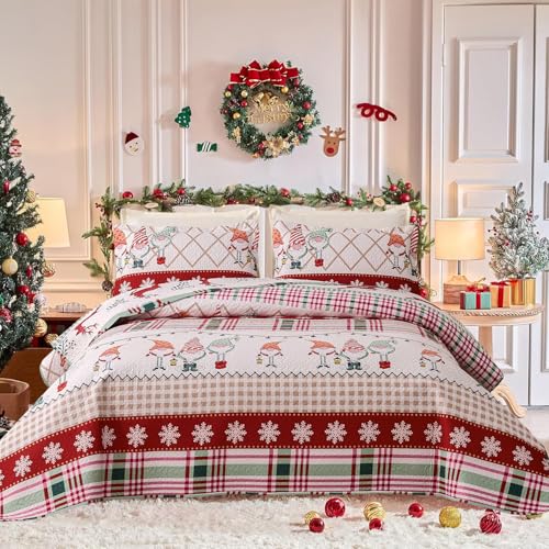 Christmas Quilts Set Queen Size Reversible Xmas Bedding Multicolor Patchwork Printed Pattern Bedspread Coverlet Breathable Snowman Reindeer Quilt Soft Lightweight Christmas Bedding Decor(90"x90")