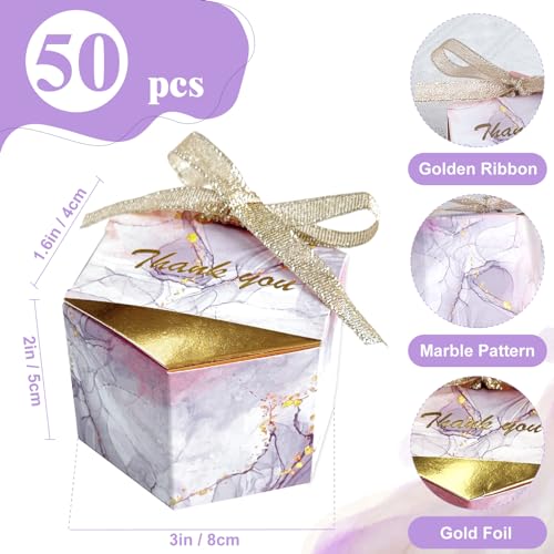 AerWo 50pcs Marble Wedding Party Favor Boxes for Guests, Hexagonal Mini Candy Gift Boxes with Bow Ribbons for Bridal Shower Party Favors Baby Shower Anniverary Birthday Decorations