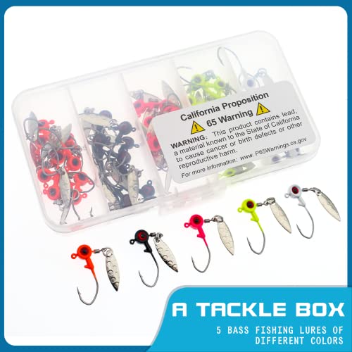 Gefischtter 50Pcs Fishing Jig Heads Hooks Lead Head Spinner Blade Crappie Lures Round Ball Head Walleye Jigs For Bass Fishing Kit With Fishing Tackle Box (1.6G) #TOP4