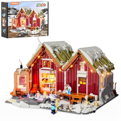 Lumibricks Island SPA-Hütte mit LED 2235 Teile Winterbeleuchtung Nordisches Grasdach-Haus Set mit Sauna & Hot Spring Teilbare Reihenhäuser Immersive Nordische Kultur Geschenk & Wohnungsdeko
