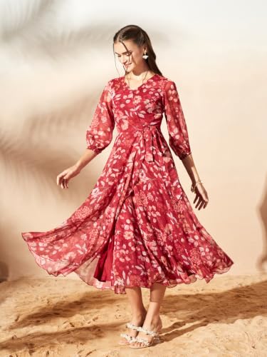 Image of Miss Chase Women's Multicolored Black Floral V-Neck 3 /4 Sleeve Wrap Chiffon Midi Dress