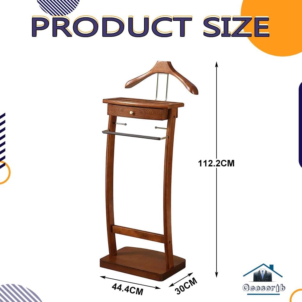 Multifunctional Solid Wood Valet Stand with Trouser & Tie Rack Floor Standing Suit Hanger with Drawer & Tray Ideal for Bedroom Office & Bathroom nization