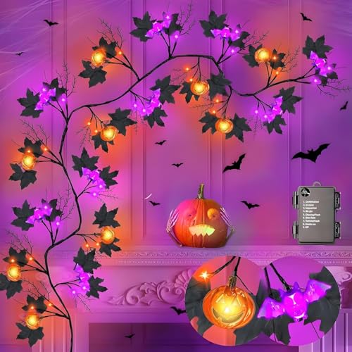 Ghirlanda di rampicante di salice con 54 LED, 1,8 m, ghirlanda di Halloween nera con luce arancione e viola, 8 modalità di illuminazione, impermeabile, a batteria, decorazione di Halloween per interni