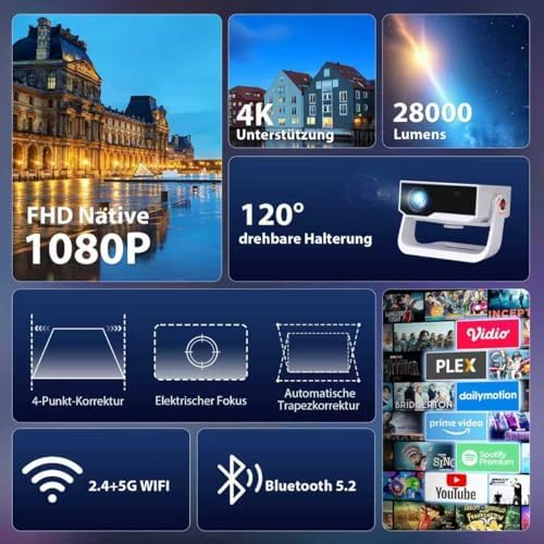 Bild 1 - 2025 Neuer Smart Beamer 4K Unterstützung, Android 11, Full HD 1080P, 28000 Lumens, WiFi 6 & BT 5.2, 120° Verstellbarer Ständer, Elektrischer Fokus, Trapezkorrektur, Heimkino Beamer für Switch/PS5
