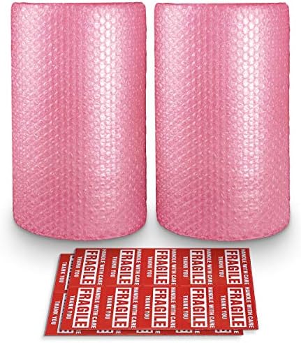 2-Pack Anti-Static Bubble Cushioning Wrap Rolls, 3/16" x 12" x 72' ft Total, Perforated Every 12", 20 Fragile Stickers for Packaging, Shipping, Mailing