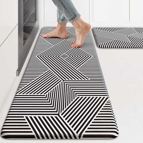 KIMODE Anti Fatigue Kitchen Mats, Padded Kitchen Floor Mats 17'x47'+17'x29', Geometric Kitchen Rugs Sets of 2, Black/White Rugs for Kitchen Floor, Cushioned Standing Mat for Laundry Office Sink Desk