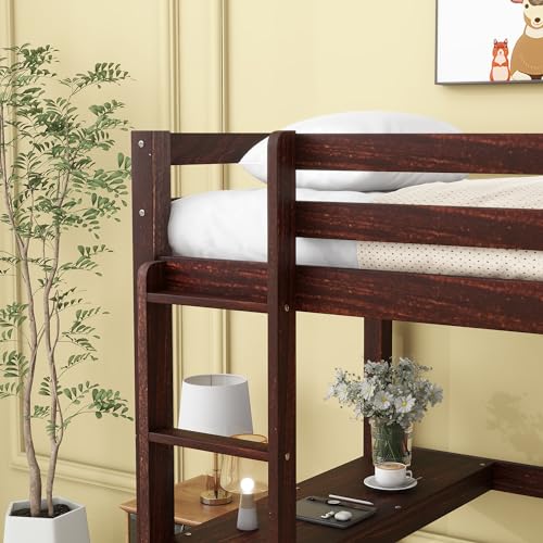 Twin-Loft-Pine-Wood-Bed-with-Built-in-Desk-Safety-Guardrails-LadderEspresso Twin Loft Pine Wood Bed with Built in Desk Safety Guardrails LadderEspresso