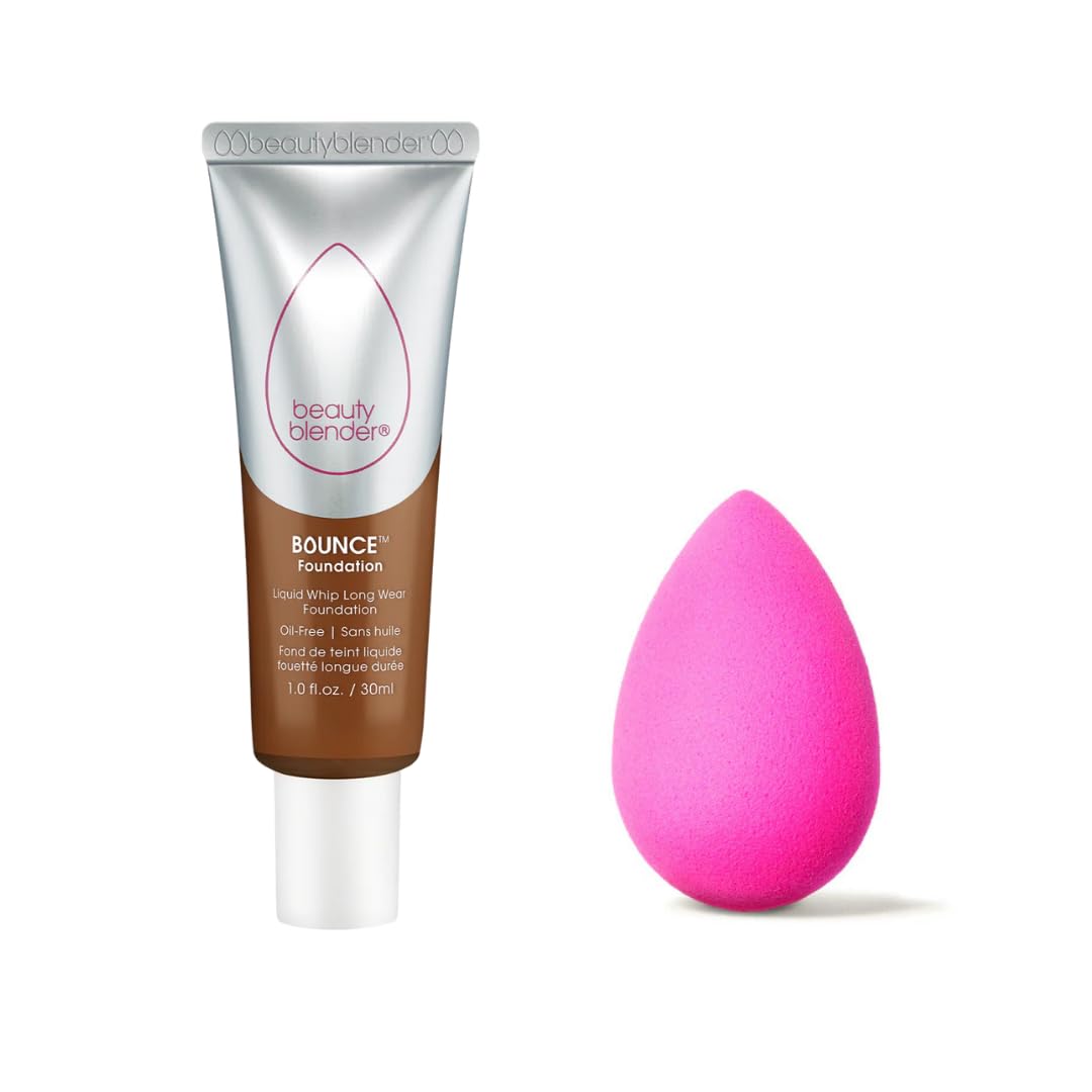 Beautyblender Bounce Liquid Whip Long Wear Foundation (4.55 C Deep Chestnut) & Original Pink Beauty Blender Makeup Sponge Bundle