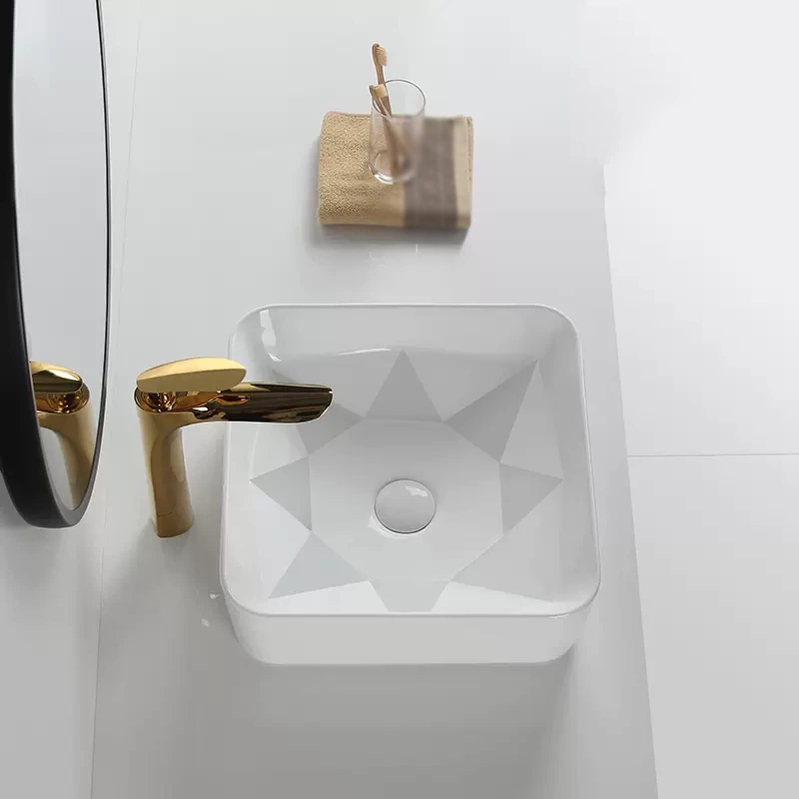 Umywalka Nablatowa Łazienkowa 14,9" X 14,9" Biała, Kwadratowa Umywalka Łazienkowa Z Geometrycznym Wzorem, Ceramiczna Umywalka Nablatowa, Umywalka Meblowa Do Łazienki W Ho