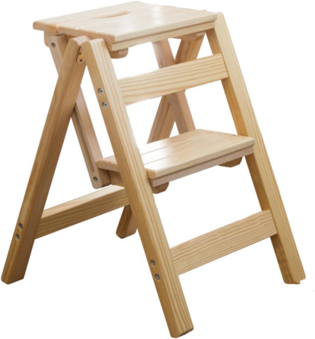 Escalera plegable de madera con escalones adicionales y función silla para biblioteca modelo B