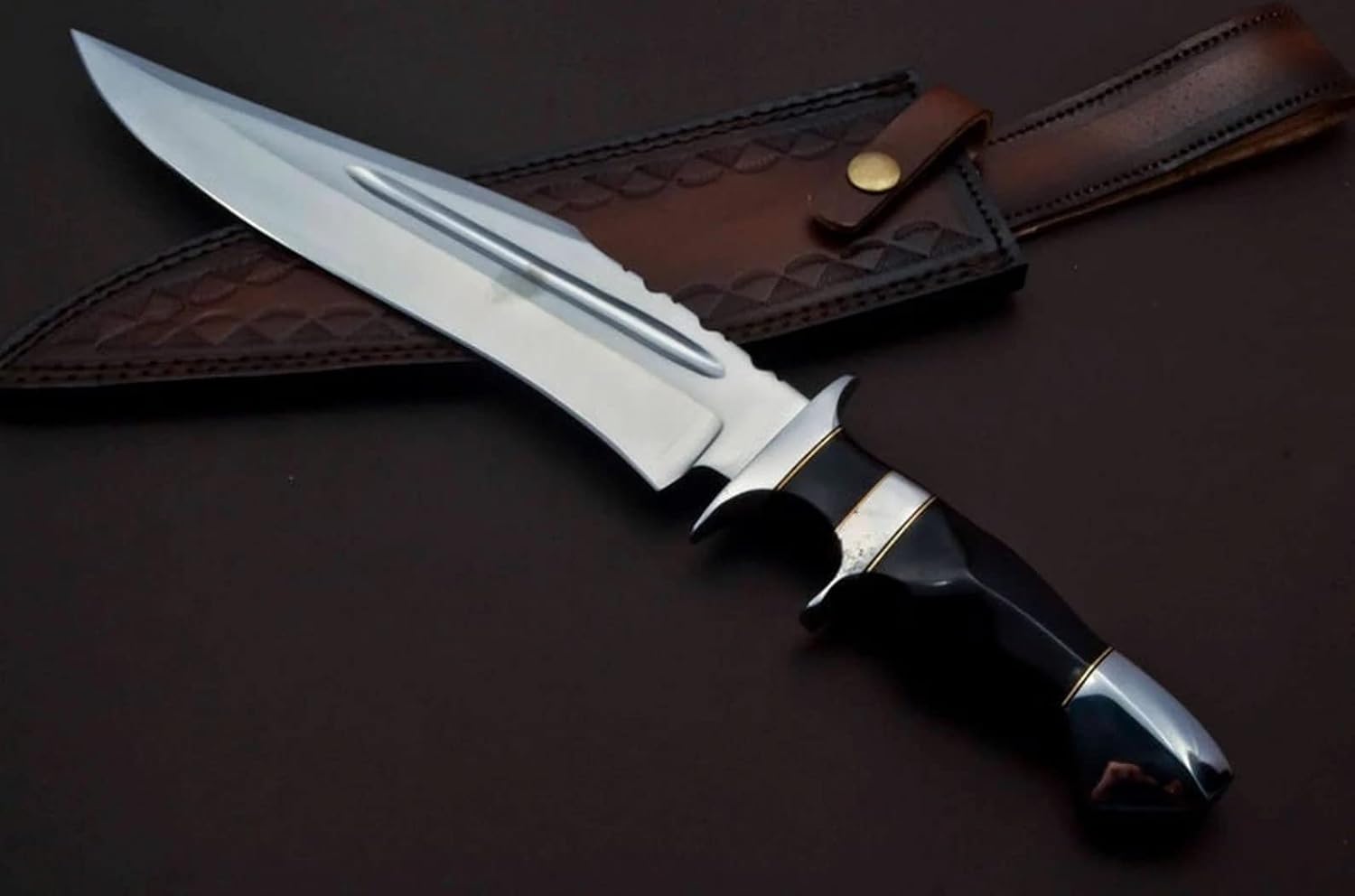 Handmade Fixed Blade Hunting Knife, 15" Carbon Steel Blade with Micarta Handle, Finger Grip Outdoor Knife with Sheath – Hunting, Camping