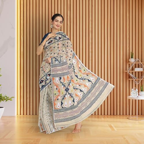 Image of Mayabi Women's Dhakai Jamdani Cotton Silk Saree Traditional Bengali Tant Korat Work, Without Blouse Piece - (Creamy White)