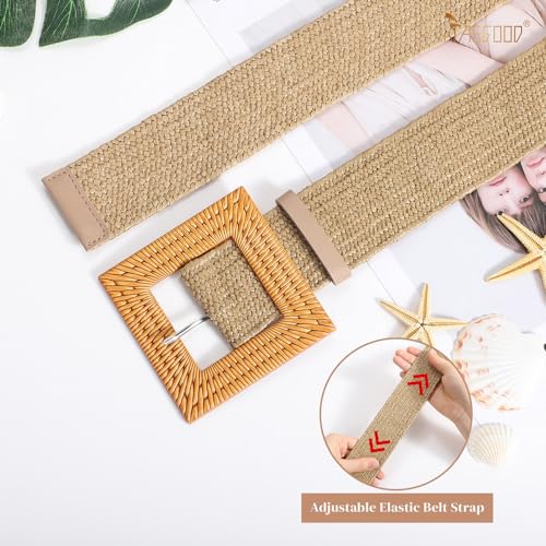 JASGOOD Straw Woven Elastic Stretch Belts for Women, Ladies Wide Boho Braided Dress Belts with Wooden Buckle,Khaki4