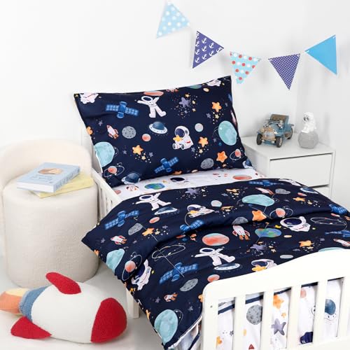 Image of 4 Piece Toddler Bedding Set, Ultra Soft and Breathable Cartoon Space Toddler Comforter Sets for Boys Includes Quilted Comforter, Fitted Sheet, Flat Sheet and Pillowcase