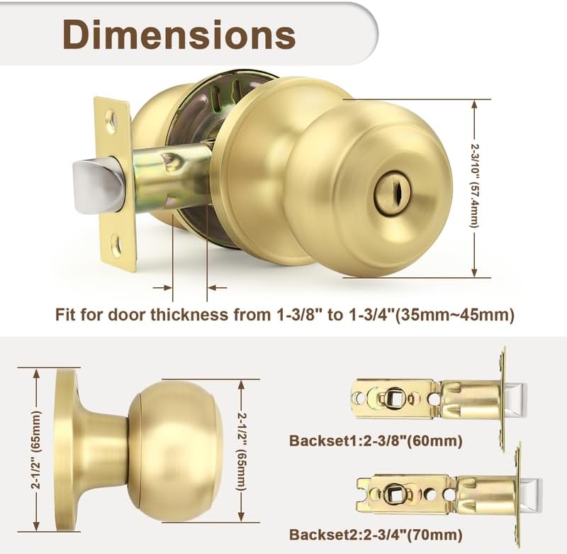 Probrico Brass Door Locks for Bedroom, Interior Door Knobs with Privacy Lock, Bathroom Door Handles, Copper Material, Keyless, 6 Pack