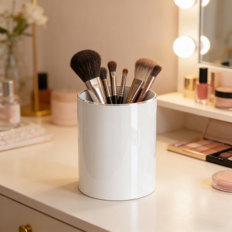 RQB Metal Pen Holder for Desk Round Aluminum Desktop Organizer and Makeup Brush Holder Storage Box for Office, School, Home Non-slip silicone bottom (White)