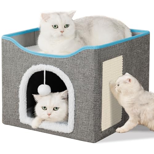 FURRYPAWS Cat House Bed with Scratching Board, Foldable Cat Cave, Indoor Cat Igloo, Cat Bed for Large and Small Cats, with Fluffy Ball Toy, Sturdy & Easy to Assemble, Grey 41x41x34cm