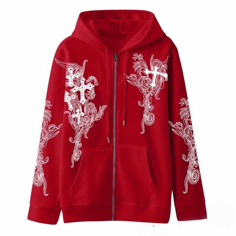 Women Men Y2K Zip Up Oversized Hoodie Gothic cross Graphic Emo Grunge Baggy Fleece Jacket 90s Punk Streetwear3