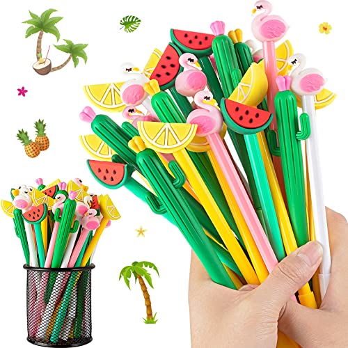 FFNIU 30Pcs Hawaiian Luau Ballpoint Pens, 0.5 mm Black Gel Ink Pen, Cute Flamingo Watermelon Cactus Lemon Fruit Pen for Kids Student and School Office Supplies