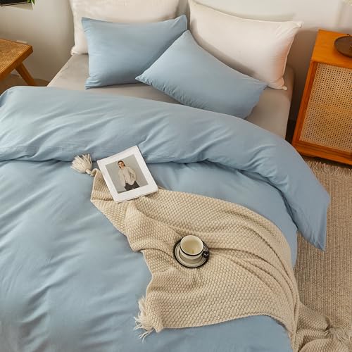 Image of ECOCOTT 100% Washed Cotton Duvet Cover Twin Size - Soft & Breathable Linen Feel Bedding Set, 3 Pieces Light Blue Comforter Cover with Zipper Closure for All Seasons