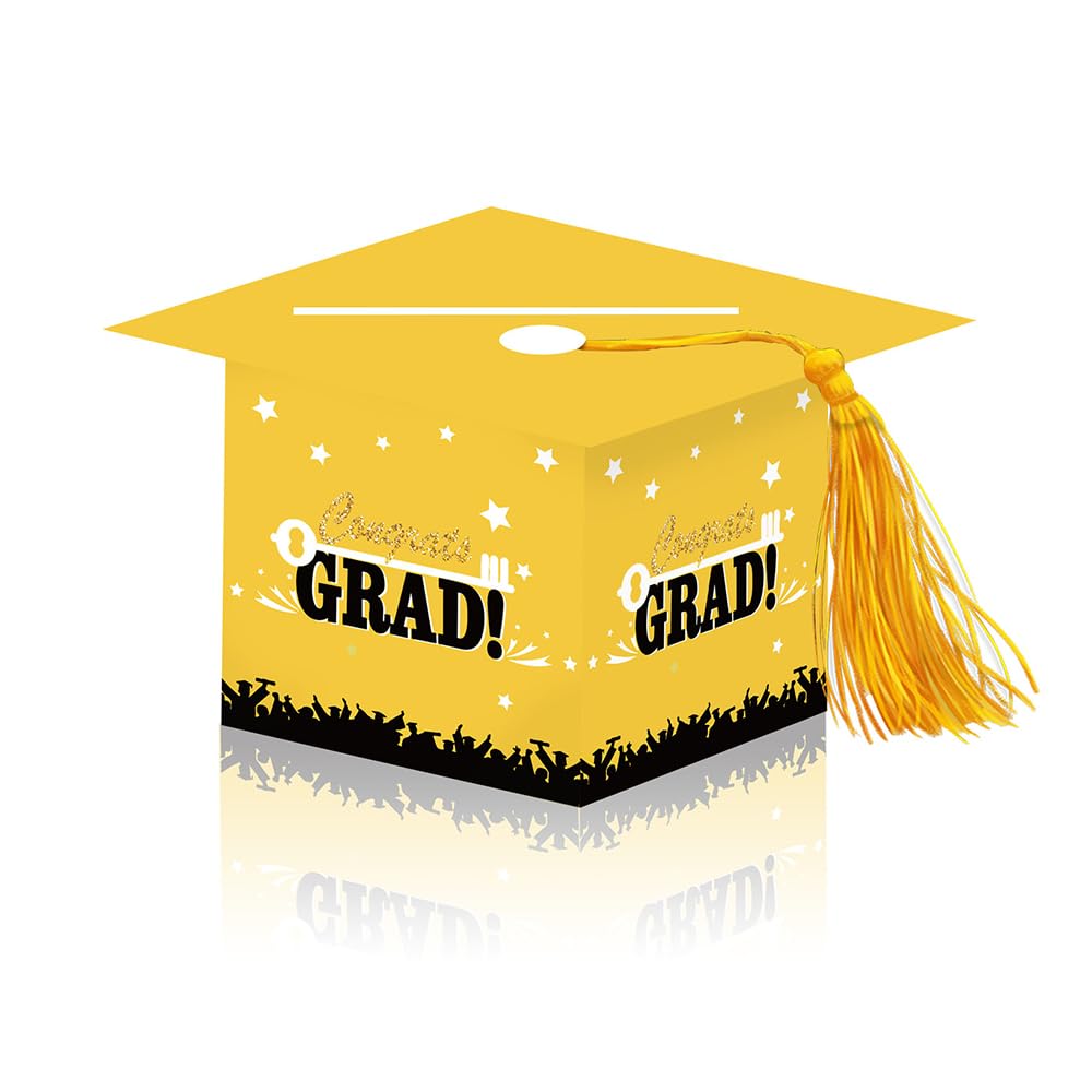 2026 Graduation Party Card Box, Yellow Gold Congrats Cap Card Holder Box with Tassel for 2026 Graduation Party Decorations