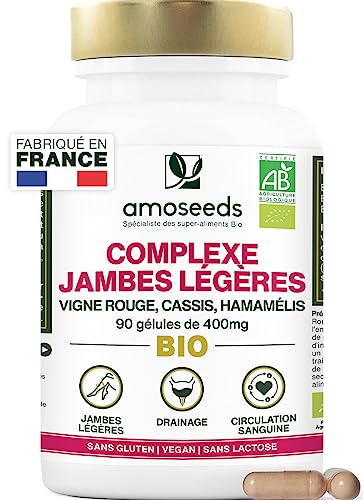 Complexe Jambes Légères BIO | Circulation Sanguine, Drainage, Élimination | Vigne Rouge, Cassis, Hamamélis | 90 gélules de 400mg | Qualité Supérieure