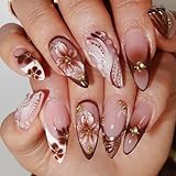 Aribliseza Ongles à Presser, 24 pièces, Ongles Fausse Amande Moyen, Ensemble de Bout de Clou en Acrylique Fleur, Brun Paillettes Français avec Perles et Texture 3D, pour Femmes