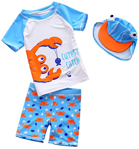 BAOPTEIL Baby Toddler Boys Two Pieces Swimsuit Sets Blue Shark Bathing Suit Rash Guards Sunsuit Swimwear with Hat UPF 50+ FBA (Naughty Crab, 18-24 Months)