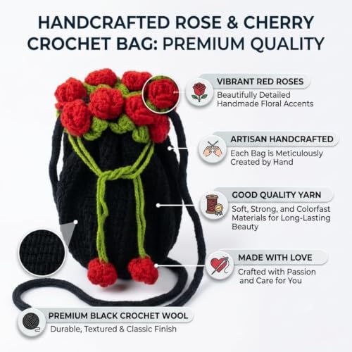 Image of Handmade Crochet Flower Crossbody Sling Bag for Women | Boho Knitted Bucket Shoulder Purse Rose Design