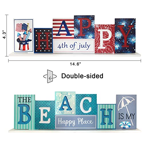 Beach Decor, Decspas Double Sided Wooden Sign Patriotic Coastal Decor, Decorative Colorful Wood Block Set Fourth Of July Decorations Beach Room Decor For Mantle, Tabletop, Office #TOP6