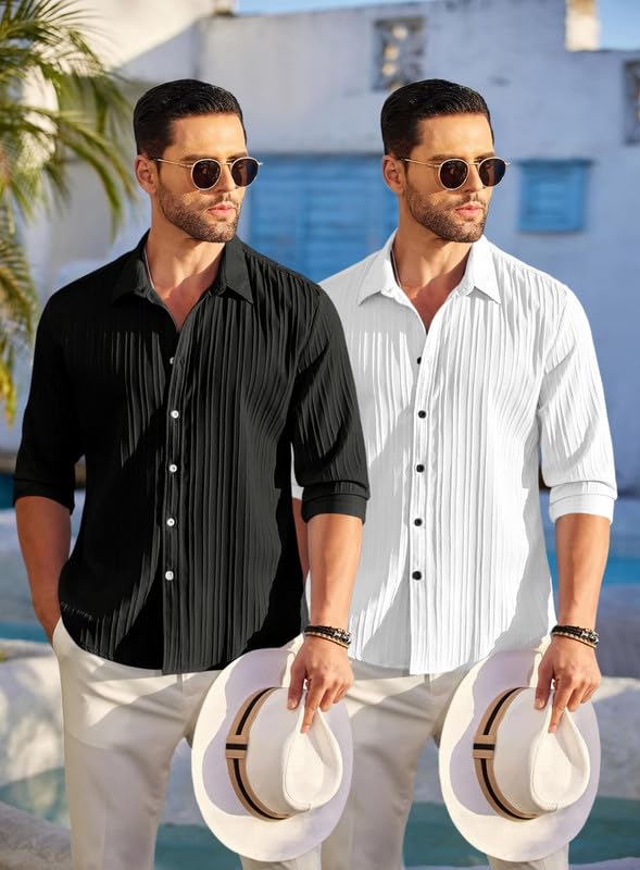 Image of FINIVO FASHION Men's Cotton Blend Shirt Set Lightweight, Full Sleeves, Plain Texture, Button Closure, Summer Ready (Pack of 2)