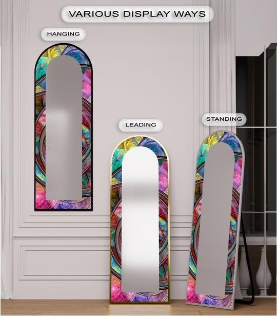 23,5’’W x 67’’H Kaleidoscope Fusion Rings – Abstract Floor Mirror Arched Full Lenght Mirror - Arch Full Body Stained Floor Mirror with Black Frame with Silver Frame