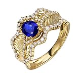 Daesar 18K Yellow Gold Engagement Ring For Her 0.59ct Diamond Rings Eternity Luxury Curved Stripe Oval Sapphire Wedding Rings Gold Ring Size O 1/2