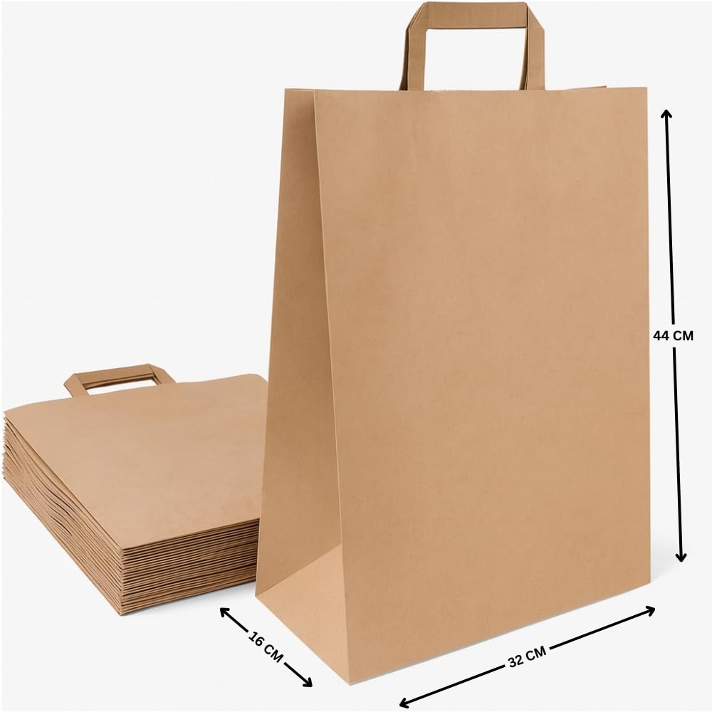 Commerline Bolsas de Papel Kraft | 32+16x44 cm, 250 Unidades, Marrón | Bolsas de Regalo | Sacos de Transporte con Asa | Sacos Reutilizables
