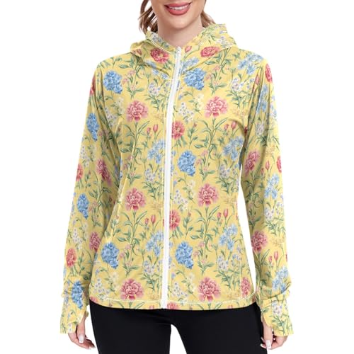 Womens Sun Protection Hoodie Jacket Lightweight Long Sleeve Zip Up Jackets for Women Clothing for Hiking Golf Cycling XXL Florals Carnation