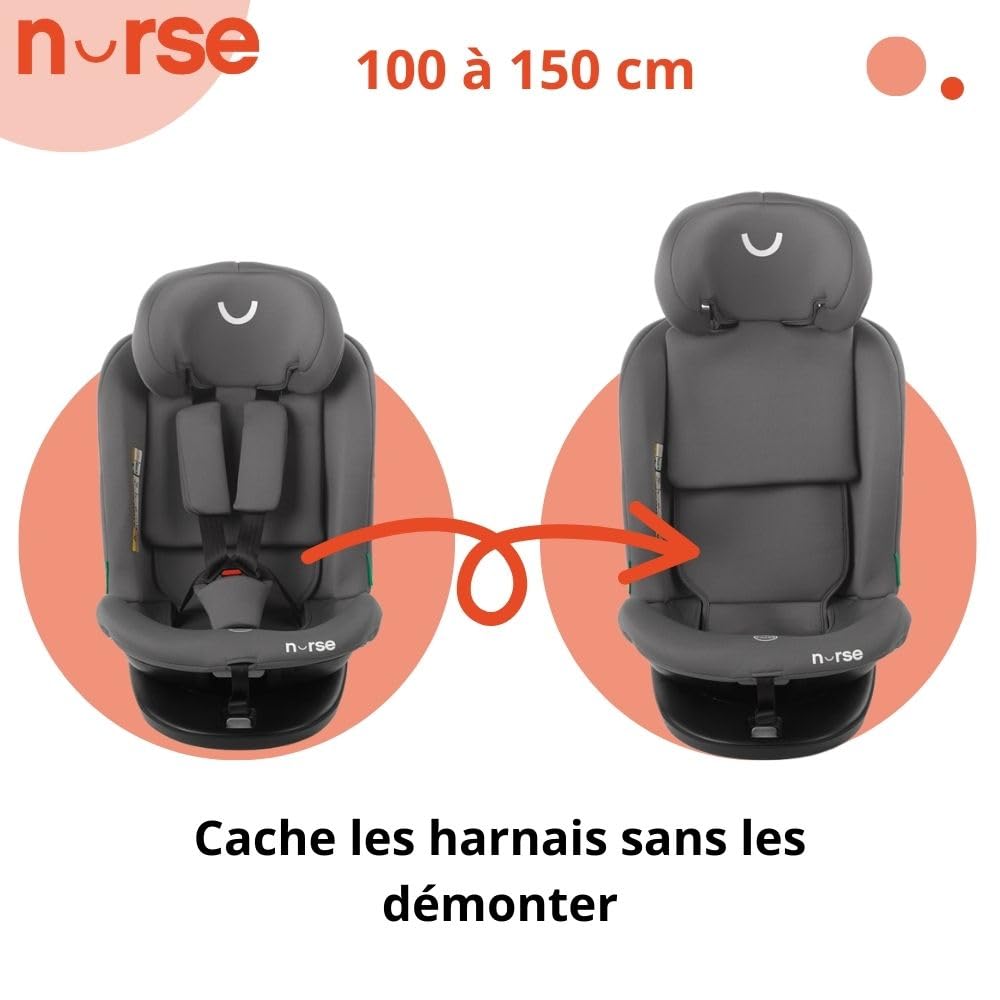 Nurse Spark Siège Auto Bébé iSize, 40 à 150 cm, 0 à 12 Ans, Isofix, Top Tether, Pivotant 360, Position de Charge, 13 Positions, Gris