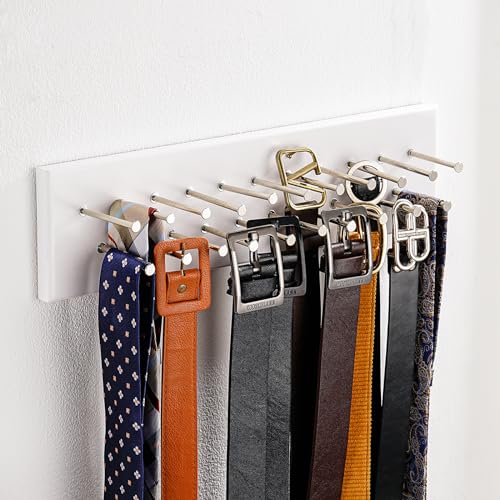 TreeHouse London Tie Rack Organizer – Holds 40 Large Ties – Solid Wood & Sturdy Metal Storage Holder for Closet – Wall Mounted Tie Display Hanger for Wall, Bedroom (White) 16''L x 4.25''H3